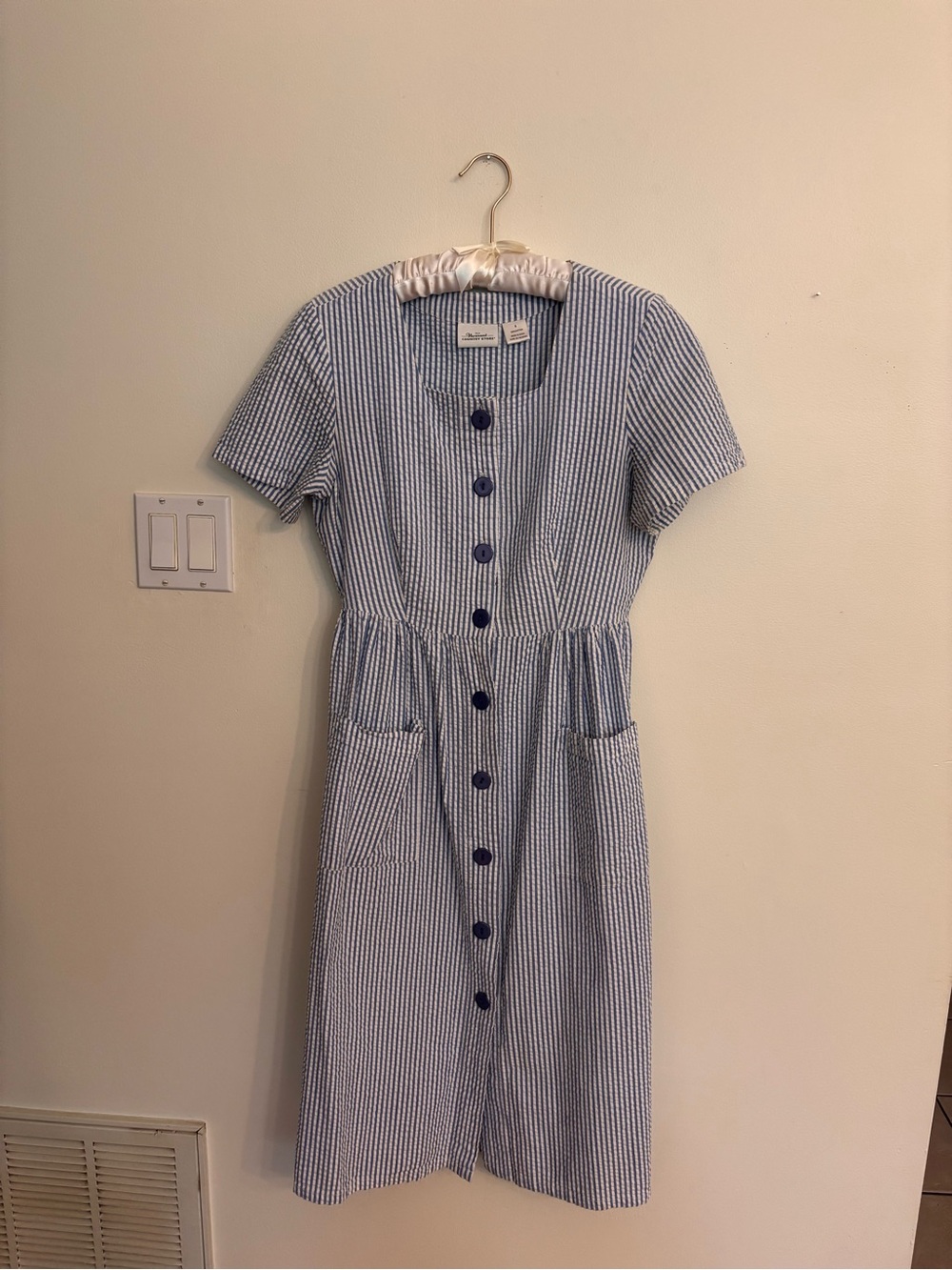 Vermont Country Store Blue & White Striped Button-Front Dress